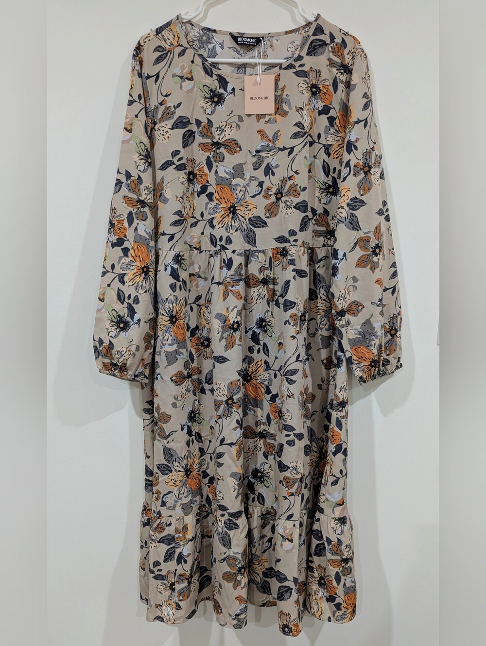 BloomChic Beige Floral Tiered Dress with Orange and Blue Prints